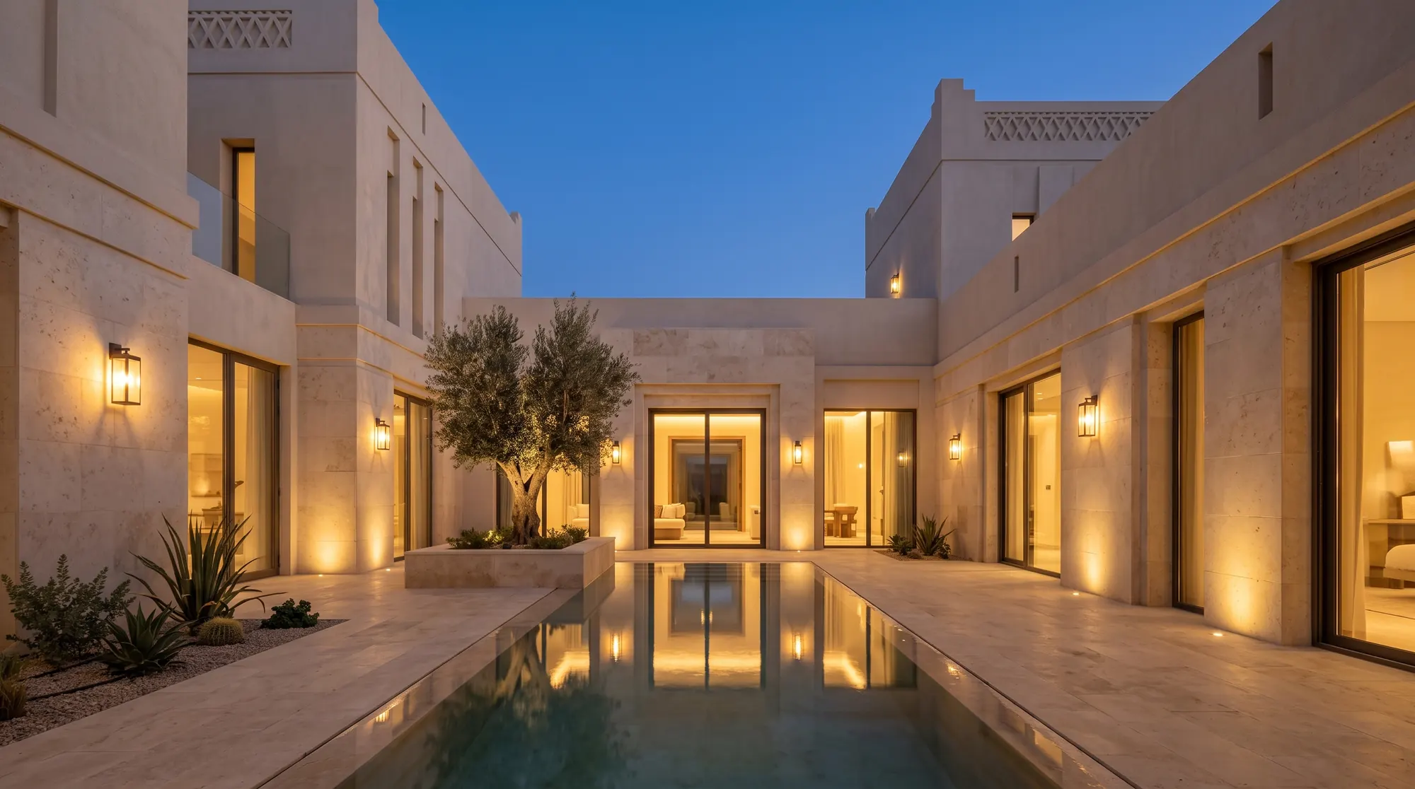 The warmly lit inner courtyard of a contemporary Saudi home at dusk