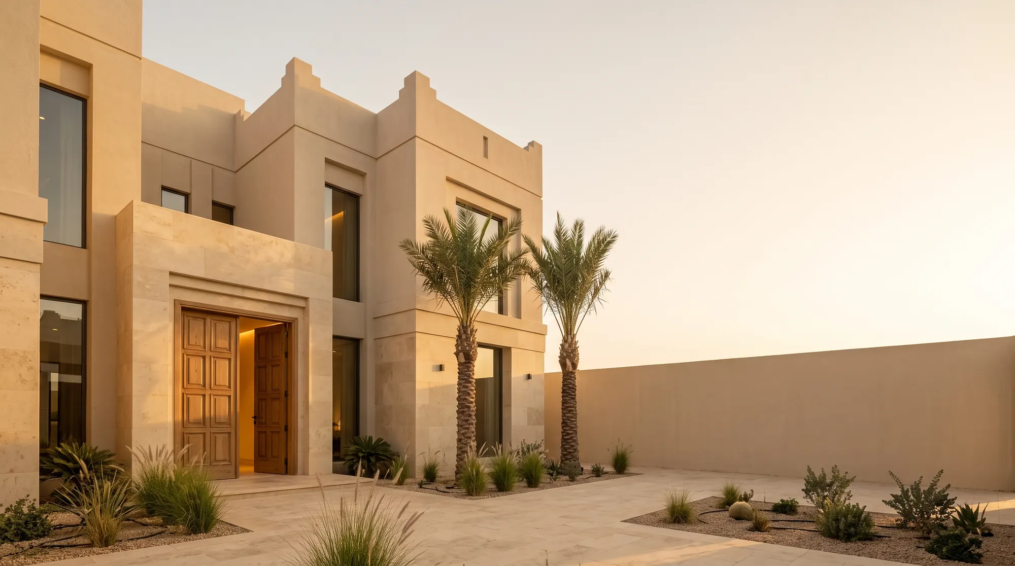 A contemporary Najdi-style Saudi villa at sunset with its timber door open