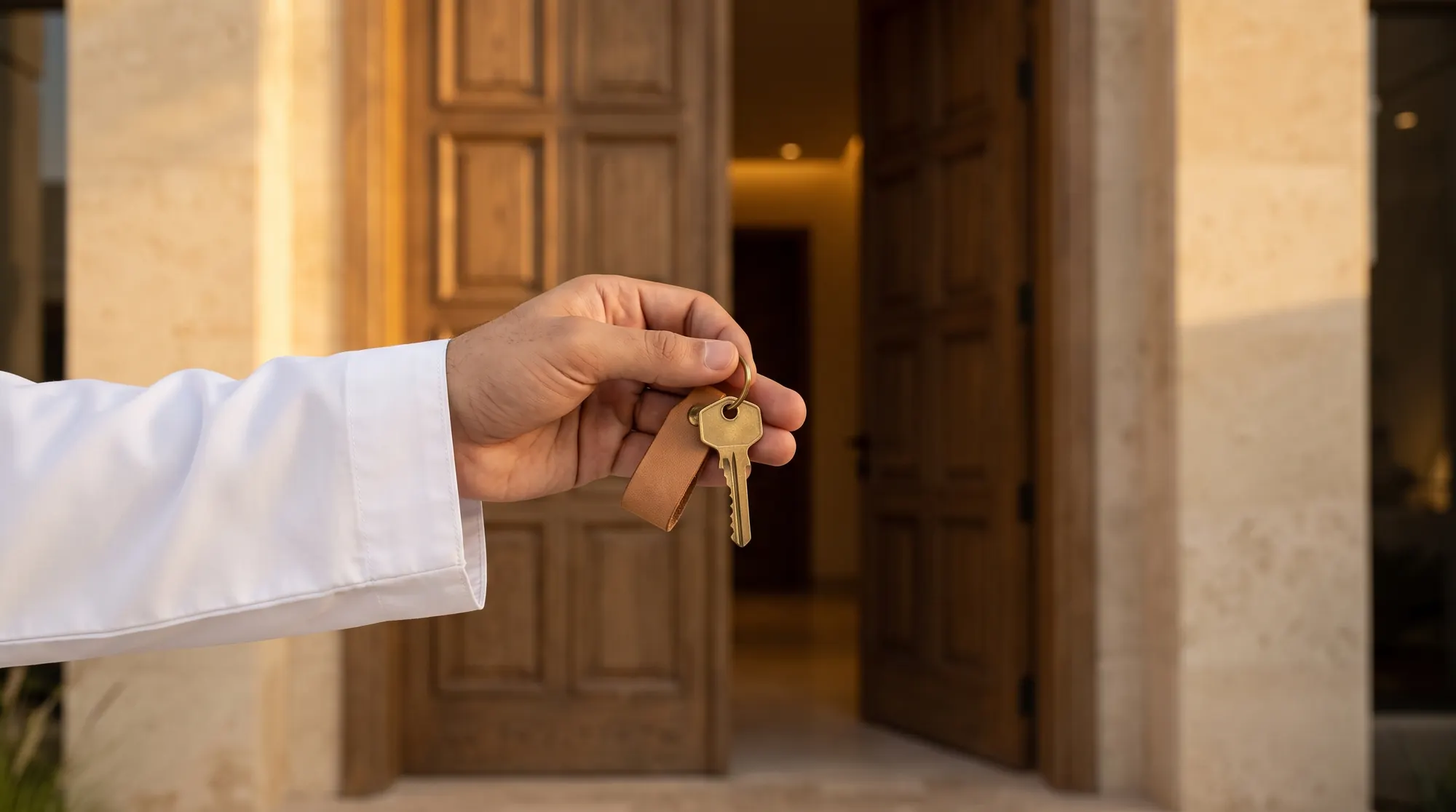 A hand holding a house key in front of an open timber door